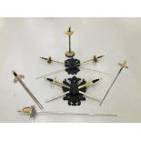 A COLLECTION OF DECORATIVE SWORDS TO INCLUDE TWO PAIRS IN SHIELD WALL MOUNTS (TOTAL 8 SWORDS)