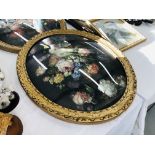 PASTEL PORTRAIT OF A GENTLEMAN DRINKING + PAIR OF CONVEX FLORAL PRINTS IN GILT FRAMES + VINTAGE