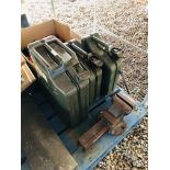 20 LITRE JERRY CAN, 2 X 10 LITRE JERRY CANS AN ENGINEERS BENCH VICE, 5 WHEELED TROLLIES,