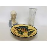 LLADRO BUST, STUDIO POTTERY FISH PLATE BEARING SIGNATURE TO REVERSE,