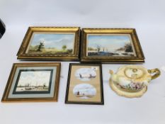 COLLECTION OF FRAMED PICTURES TO INCLUDE A PAIR OF GILT FRAMED OIL ON CANVAS WINTER SCENES BEARING