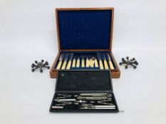 VINTAGE MAHOGANY CASED 24 PIECE FISH CUTLERY + VINTAGE DRAWING SET,