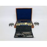 VINTAGE MAHOGANY CASED 24 PIECE FISH CUTLERY + VINTAGE DRAWING SET,