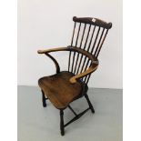 AN EARLY C19 COMB BACK WINDSOR ARMCHAIR WITH REPAIRS