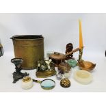 BOX OF COLLECTIBLES TO INCLUDE VINTAGE COPPER SAUCEPAN, DRIED FLOWER PICTURES, GLASS PERFUME BOTTLE,