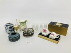 BOXED ROYAL CROWN DERBY MILK & SUGAR JUG, 6 PIECE ORIENTAL COFFEE WARE MARKED W.L.