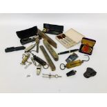 BOX OF COLLECTIBLES TO INCLUDE VINTAGE MEASURES, MEDAL, DARTS, WHISTLES, PLANE ETC.