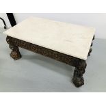 HEAVILY CARVED MARBLE TOP COFFEE TABLE WITH CONCEALED DRAWER AND LION HEAD DETAIL TO FEET