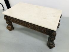 HEAVILY CARVED MARBLE TOP COFFEE TABLE WITH CONCEALED DRAWER AND LION HEAD DETAIL TO FEET