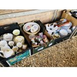 3 X BOXES OF MIXED SUNDRIES - CHINA, GLASSWARE & ORNAMENTS TO INCLUDE DOULTON DINNERWARE, HAND LAMP,