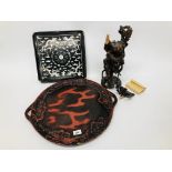 ORIENTAL HARDWOOD CARVING (IN NEED OF ATTENTION) PLUS JAPANESE RED LACQUERED TRAY,
