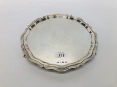 SILVER SALVER OF CIRCULAR FORM WITH SCALLOPED EDGE ON 3 SCROLL FEET SHEFFIELD ASSAY