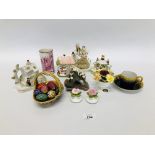 COLLECTION OF CABINET CHINA TO INCLUDE MINIATURE BASKET & ENAMELLED EGGS, POSIES,