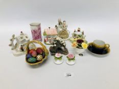 COLLECTION OF CABINET CHINA TO INCLUDE MINIATURE BASKET & ENAMELLED EGGS, POSIES,