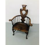 EARLY C20 WINDSOR TYPE ARMCHAIR WITH SCROLLED & FRETTED SPLAT
