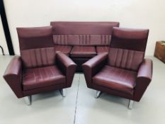 A PAIR OF 1960'S BURGUNDY REXINE UPHOLSTERED EASY CHAIRS ON CHROME BASE AND A THREE SEATER BURGUNDY