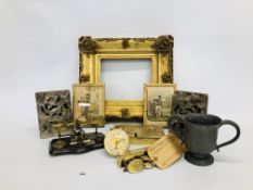 BOX OF MIXED COLLECTIBLES TO INCLUDE PAIR OF SOAPSTONE BOOKENDS, GILT FRAME, VINTAGE LETTER SCALES,