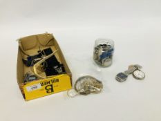 BOX ASSORTED WATCHES TO INCLUDE ROAMER + TRAY VARIOUS CHAINS & BRACELETS + CITIZEN BRACELET WATCH