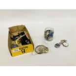 BOX ASSORTED WATCHES TO INCLUDE ROAMER + TRAY VARIOUS CHAINS & BRACELETS + CITIZEN BRACELET WATCH
