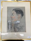A PASTEL CARICATURE INSCRIBED ON BACK OXFORD & CAMBRIDGE GOLF BALL 1938