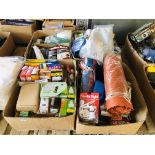 A BOXES CONTAINING ASSORTED HOUSEHOLD GOODS TO INCLUDE LIGHT BULBS, FOOT PUMPS, MOSQUITO NETS,