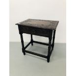 A HEAVILY CARVED OAK SINGLE DRAWER OCCASIONAL TABLE LENGTH 26 INCH DEPTH 18 INCH HEIGHT 28 INCH