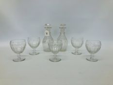 PAIR OF EARLY C20 DECANTERS (CHIPS TO STOPPERS & RIM) + SET OF C20 GLASSES