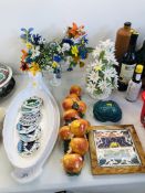 BOX OF MIXED SUNDRY CHINA TO INCLUDE CAMERAS, INDIAN TREE MEAT PLATE, VASE WITH BEADED FLOWERS,