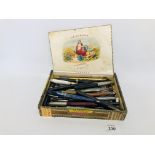 CIGAR BOX CONTAINING COLLECTION OF VINTAGE FOUNTAIN PENS, ETC.