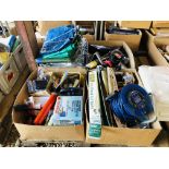 FOUR BOXES OF MISC GOODS TO INCLUDE TOOLS, ROPE, COLEMAN VOLTAGE CONVERTER, GREASE GUN,