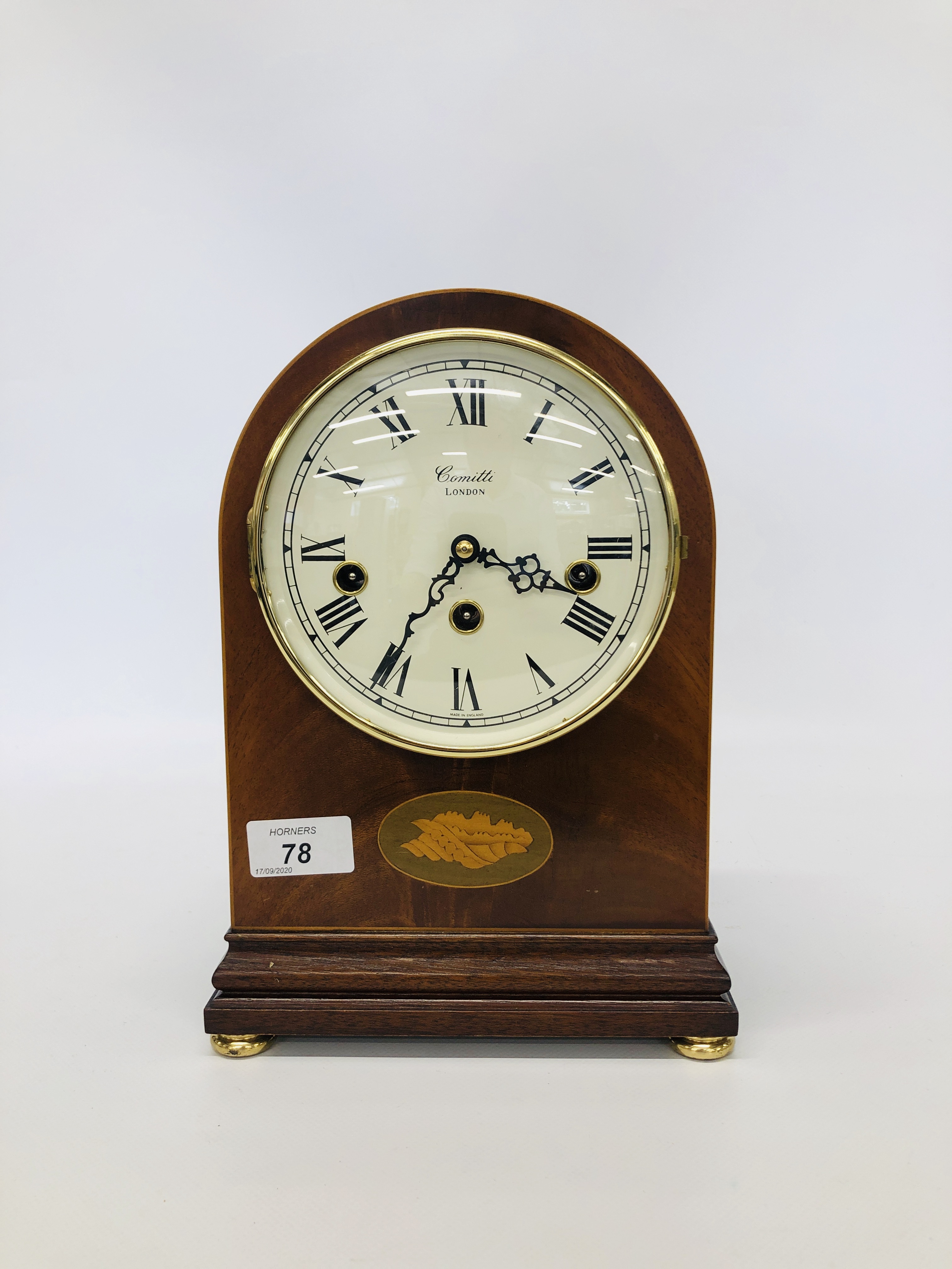 A GOOD QUALITY REPRODUCTION DOME TOP MAHOGANY MANTEL CLOCK WITH WESTMINSTER CHIME THE DIAL MARKED