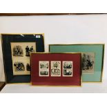 GROUP OF VINTAGE PRINTS & ETCHINGS TO INCLUDE CARTOONS & ADVERTISING - MANY WITH HAND COLOURED