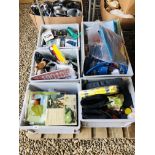 SIX PLASTIC BOXES CONTAINING ASSORTED GOODS TO INCLUDE CAMPING ACCESSORIES, CAMPING GAS STOVE,