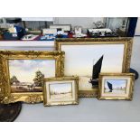 4 GILT FRAMED OIL ON CANVASES TO INCLUDE 3 OIL ON BOARD BROADLAND SCENES BEARING SIGNATURE DAVID