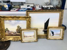 4 GILT FRAMED OIL ON CANVASES TO INCLUDE 3 OIL ON BOARD BROADLAND SCENES BEARING SIGNATURE DAVID