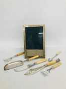 LARGE SILVER PHOTO FRAME + VARIOUS QUALITY SERVING CUTLERY