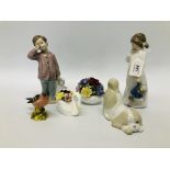 2 X NAO FIGURINES, 2 X POSIES, BESWICK FINCH A/F, DOG ORNAMENT ETC.