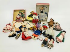 BOX OF MAINLY CONTINENTAL & CLUTCH DOLLS + PAIR OF HAND MADE DOLLS IN TRADITIONAL COSTUME ETC.