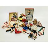 BOX OF MAINLY CONTINENTAL & CLUTCH DOLLS + PAIR OF HAND MADE DOLLS IN TRADITIONAL COSTUME ETC.