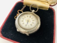 VINTAGE SILVER CASED POCKET WATCH MARKED 935 WITH DECORATIVE ENAMELLED DETAIL TO FACE (WITH KEY)