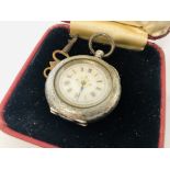 VINTAGE SILVER CASED POCKET WATCH MARKED 935 WITH DECORATIVE ENAMELLED DETAIL TO FACE (WITH KEY)