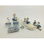 PAIR OF LLADRO SWANS, 2 X GERMAN ERALD PORCELAIN ORNAMENTS - CHILDREN KISSING, CHILD WITH GEESE,