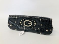 DESIGNER BLACK CLUTCH BAG MARKED GUESS FINISHED WITH STUD & JEWELLERY DETAIL