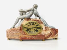 ART DECO FRENCH MARBLE MANTEL CLOCK GARNITURE SET WITH LADY & PEACOCK (KEY & PENDULUM WITH