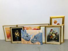 2 FRAMED STILL LIFE OILS ON CANVAS TOGETHER WITH 4 FRAMED FLORAL PRINTS TO INCLUDE TULIPS + AN