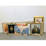 2 FRAMED STILL LIFE OILS ON CANVAS TOGETHER WITH 4 FRAMED FLORAL PRINTS TO INCLUDE TULIPS + AN