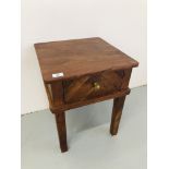 HARDWOOD SINGLE DRAWER OCCASIONAL TABLE WITH BRASSED HANDLE