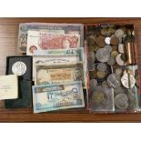 SMALL BOX MIXED COINS AND A FEW BANKNOTES