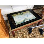 MILITARY STYLE BRASS EDGED COFFEE TABLE WITH WORLD MAP INSERT TO TOP AND A HONEY PINE TWO DRAWER