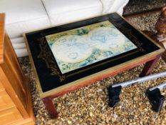 MILITARY STYLE BRASS EDGED COFFEE TABLE WITH WORLD MAP INSERT TO TOP AND A HONEY PINE TWO DRAWER